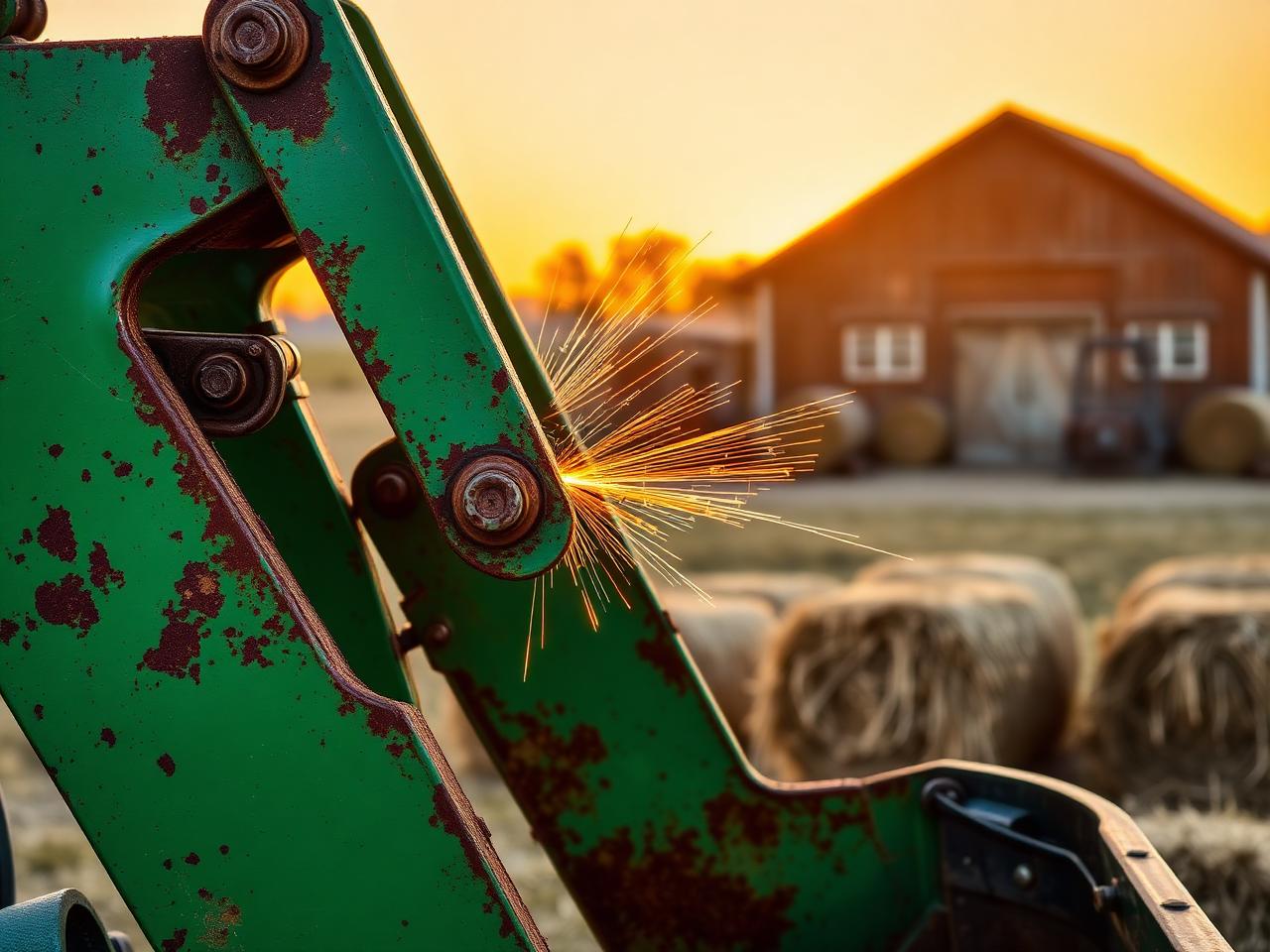 Farm equipment loader arm being welded at sunset