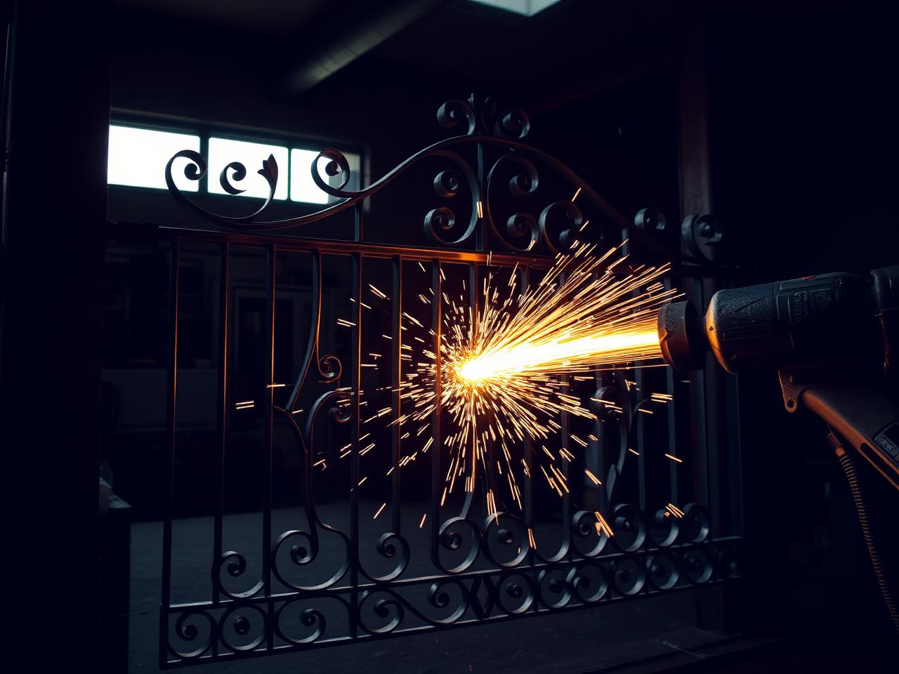 Custom wrought iron gate fabrication with sparks