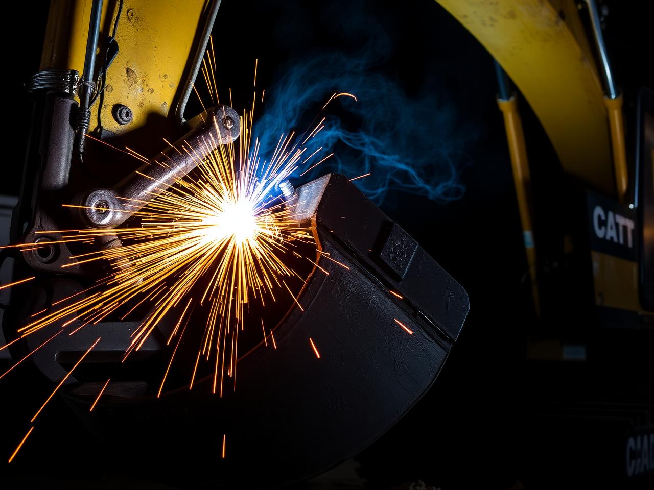 Heavy excavator bucket repair welding with cascading sparks