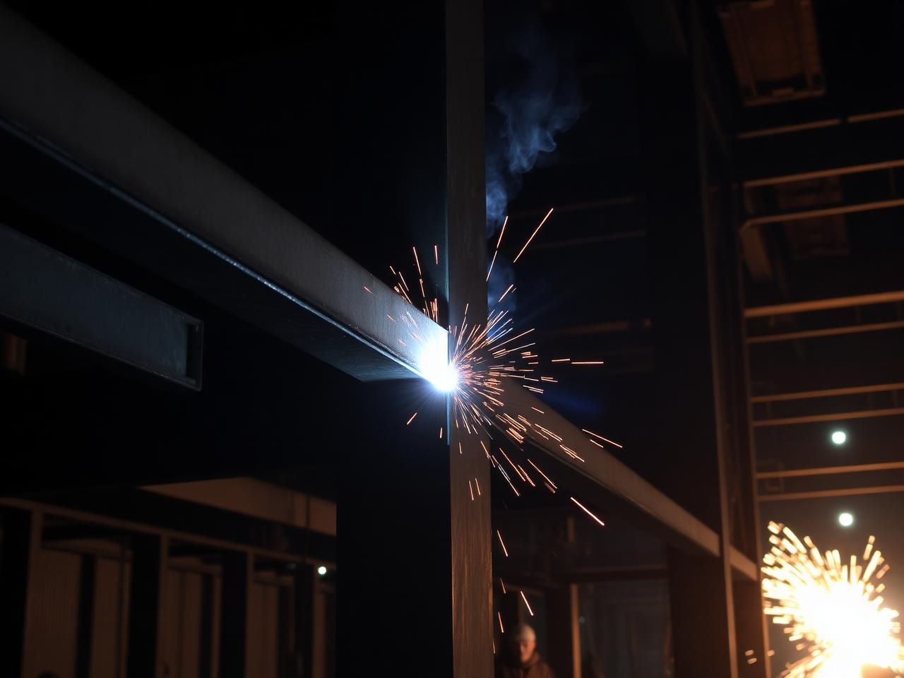 Structural steel I-beam welding with bright arc light
