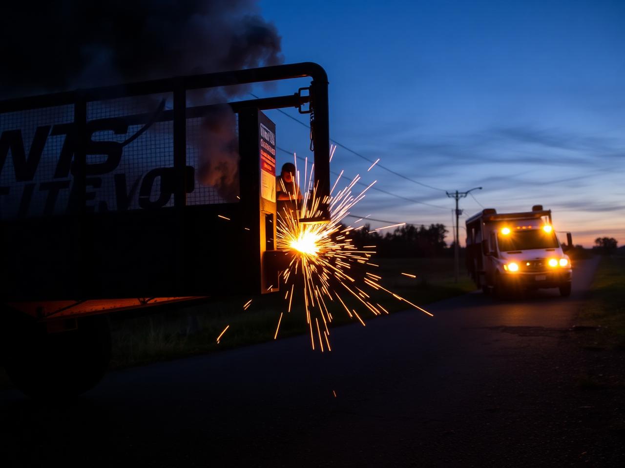Mobile service truck repairing a steel trailer at dusk in Wisconsin