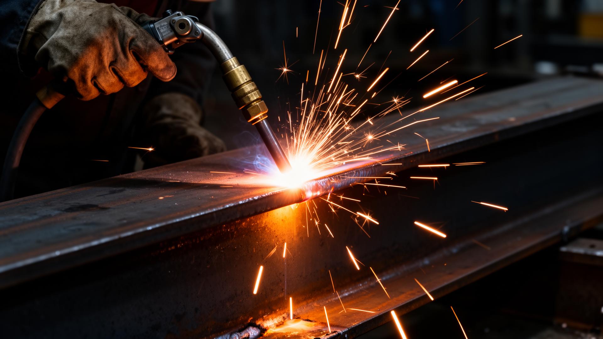 MIG welding heavy steel beam with sparks